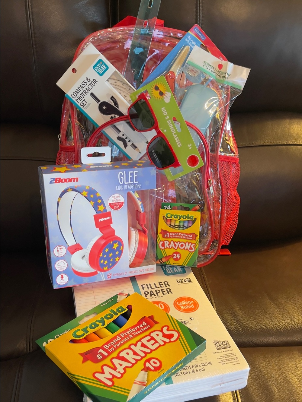 Crayola Clear Backpack with Red Accents and Assorted Art Supplies